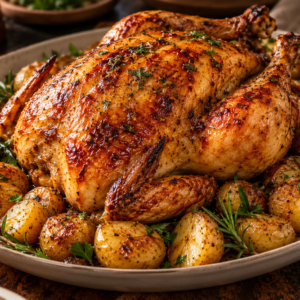 Frango assado com batata baby