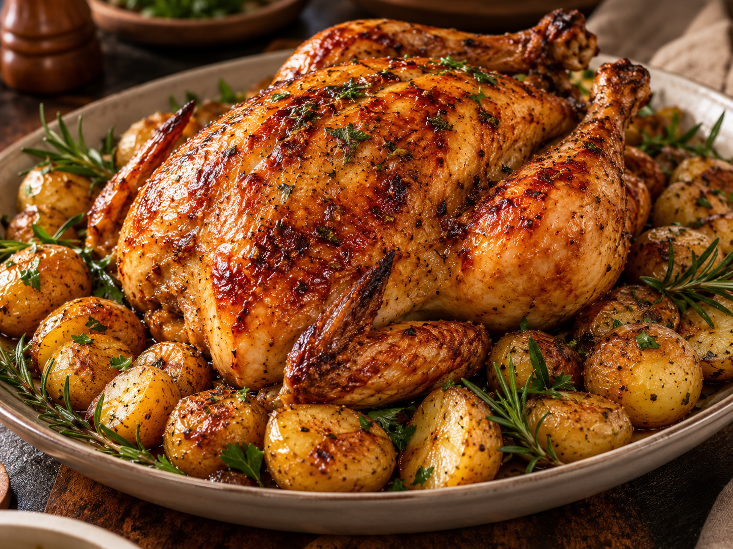Frango assado com batata baby