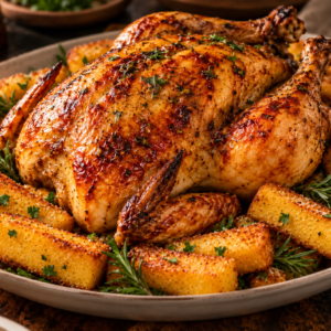 Frango assado com polenta
