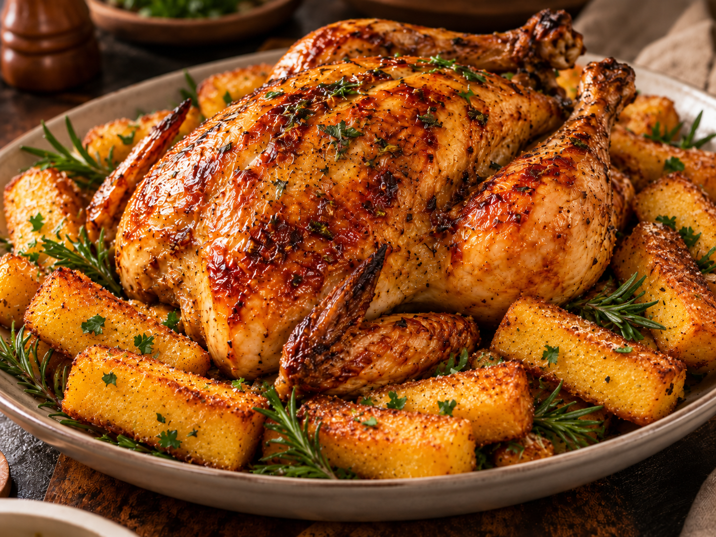 Frango assado com polenta